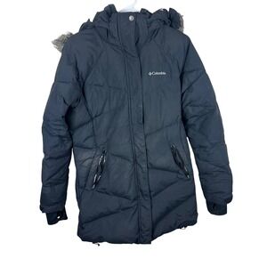 Columbia Down Parka Womens Large Black Omni-Heat Hooded Winter Jacket Zip Coat